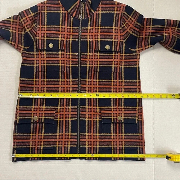Rachel Zoe Plaid Zip Sweater Cardigan Jacket Knit Shacket. Orange & Navy. Medium - Picture 16 of 16